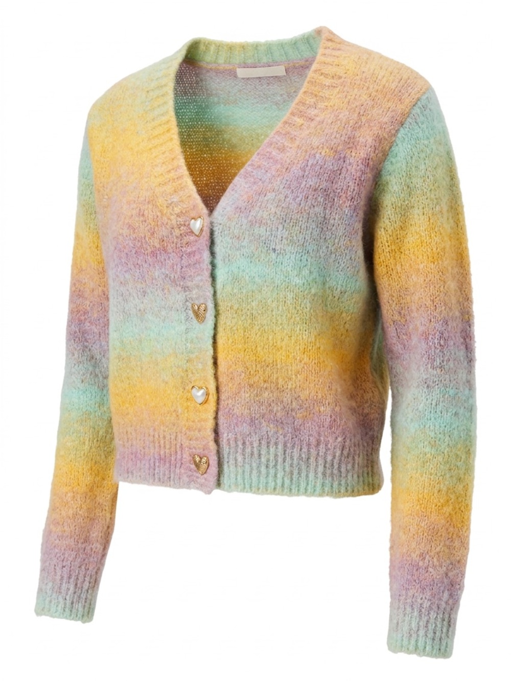 SHEIN Pastel Ombre Heart-Button V-Neck Cardigan in Yellow, Mint & Lavender